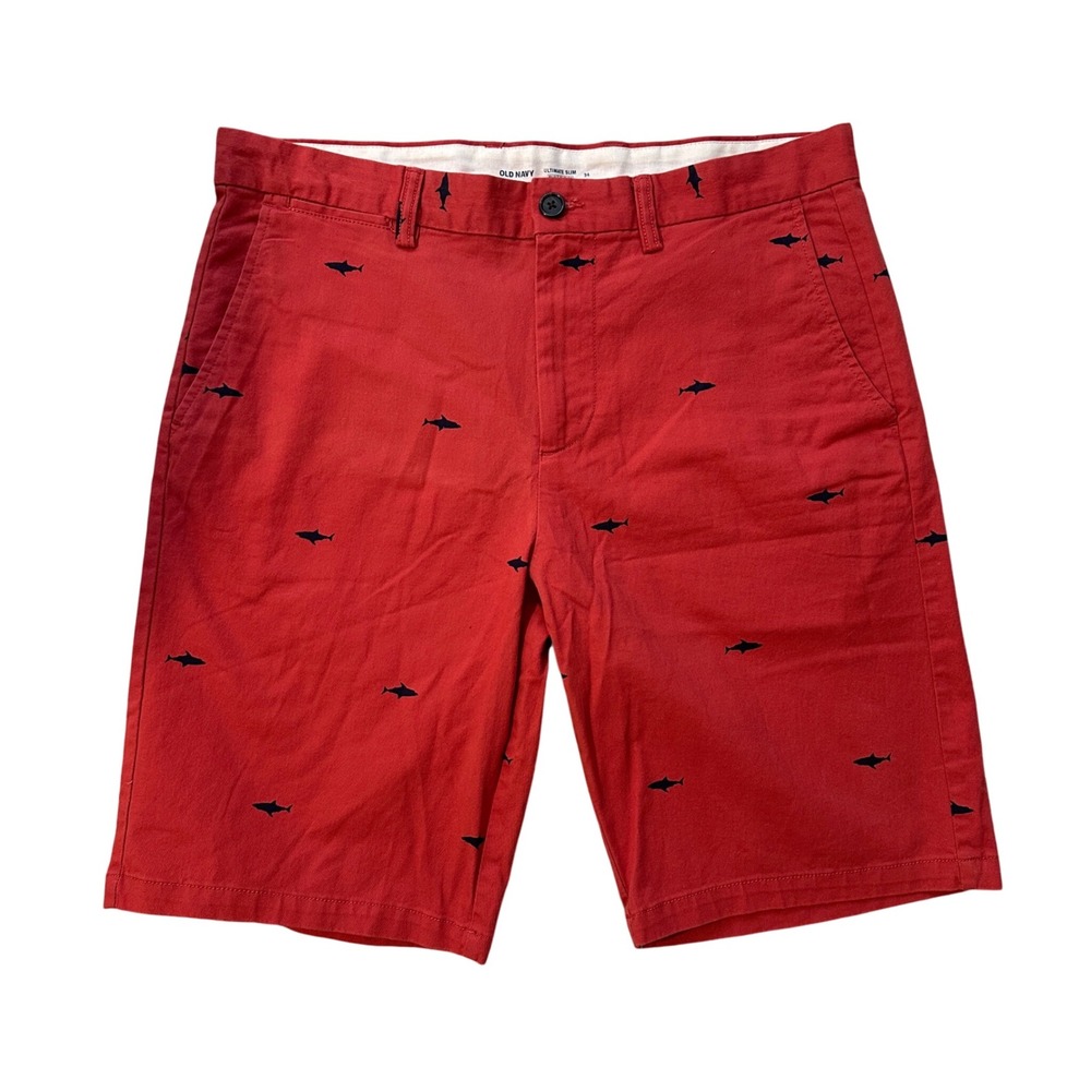 Old Navy Ultimate Slim Shorts Shark Print Built-In Flex Casual Red Mens Size‎ 34